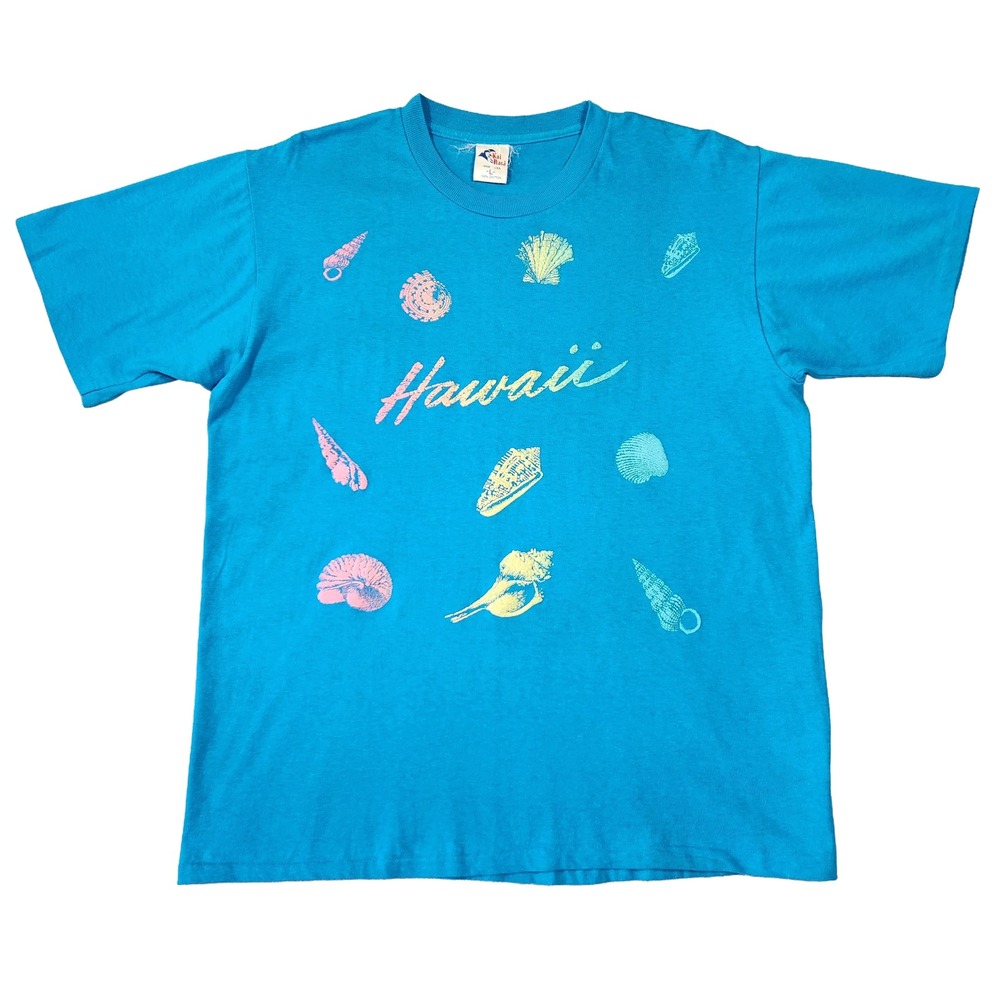 Vintage Hawaii Shirt‎ Womens L Single Stitch Seashells Retro Summer Beach Travel